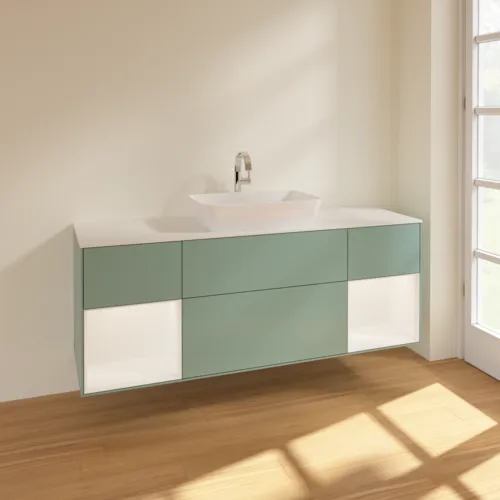Bild von VILLEROY BOCH Finion Waschbeckenunterschrank, mit Beleuchtung, 4 Auszüge, 1600 x 603 x 501 mm, Olive Matt Lacquer / White Matt Lacquer / Glass White Matt #F861MTGM