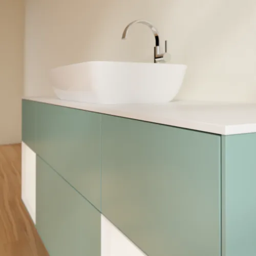 Bild von VILLEROY BOCH Finion Waschbeckenunterschrank, mit Beleuchtung, 4 Auszüge, 1600 x 603 x 501 mm, Olive Matt Lacquer / White Matt Lacquer / Glass White Matt #F861MTGM
