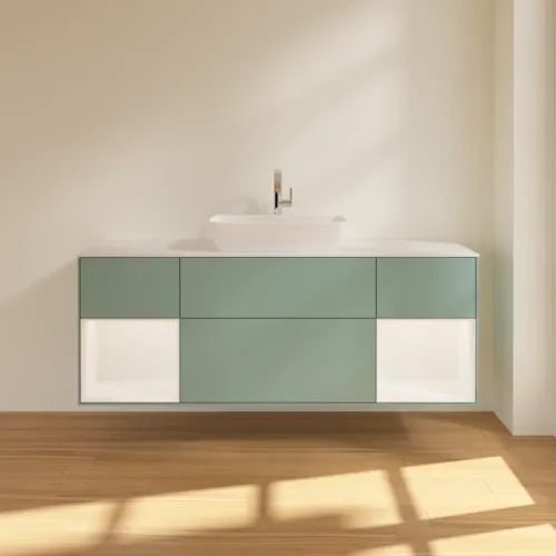 Bild von VILLEROY BOCH Finion Waschbeckenunterschrank, mit Beleuchtung, 4 Auszüge, 1600 x 603 x 501 mm, Olive Matt Lacquer / White Matt Lacquer / Glass White Matt #F861MTGM