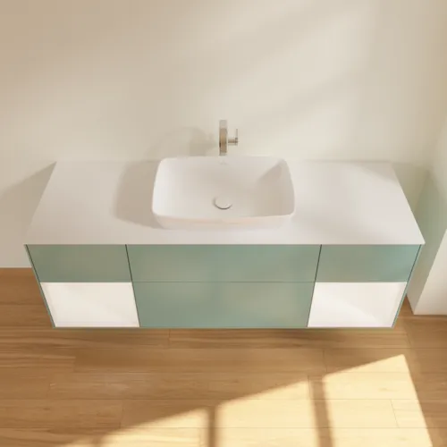 Bild von VILLEROY BOCH Finion Waschbeckenunterschrank, mit Beleuchtung, 4 Auszüge, 1600 x 603 x 501 mm, Olive Matt Lacquer / White Matt Lacquer / Glass White Matt #F861MTGM