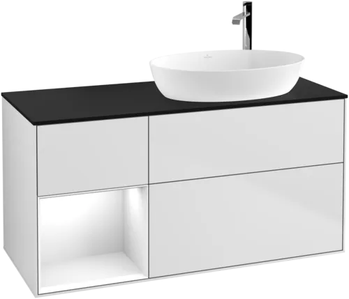 VILLEROY BOCH Finion Vanity unit, with lighting, 3 pull-out compartments, 1200 x 603 x 501 mm, White Matt Lacquer / Glossy White Lacquer / Glass Black Matt #F922GFMT resmi