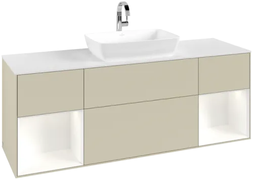 VILLEROY BOCH Finion Vanity unit, with lighting, 4 pull-out compartments, 1600 x 603 x 501 mm, Silk Grey Matt Lacquer / White Matt Lacquer / Glass White Matt #F861MTHJ resmi