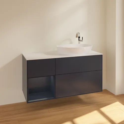 Bild von VILLEROY BOCH Finion Waschbeckenunterschrank, mit Beleuchtung, 3 Auszüge, 1200 x 603 x 501 mm, Midnight Blue Matt Lacquer / Midnight Blue Matt Lacquer / Glass White Matt #F921HGHG