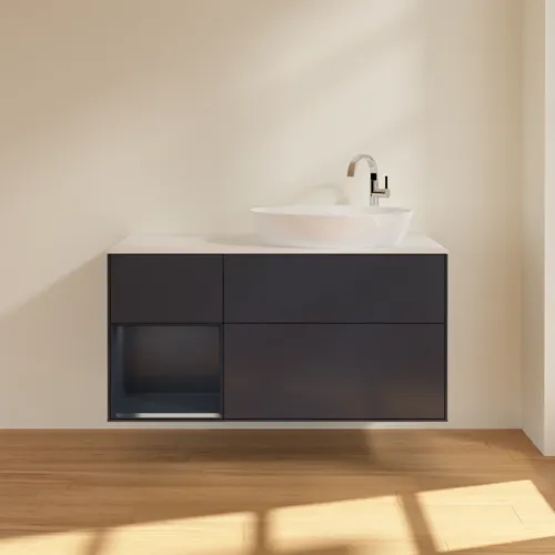 Bild von VILLEROY BOCH Finion Waschbeckenunterschrank, mit Beleuchtung, 3 Auszüge, 1200 x 603 x 501 mm, Midnight Blue Matt Lacquer / Midnight Blue Matt Lacquer / Glass White Matt #F921HGHG
