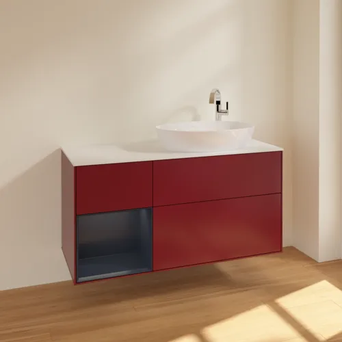 Bild von VILLEROY BOCH Finion Waschbeckenunterschrank, mit Beleuchtung, 3 Auszüge, 1200 x 603 x 501 mm, Peony Matt Lacquer / Midnight Blue Matt Lacquer / Glass White Matt #F921HGHB