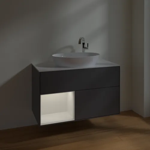 Bild von VILLEROY BOCH Finion Waschbeckenunterschrank, mit Beleuchtung, 2 Auszüge, 1000 x 603 x 501 mm, Anthracite Matt Lacquer / Glossy White Lacquer / Glass White Matt #F891GFGK