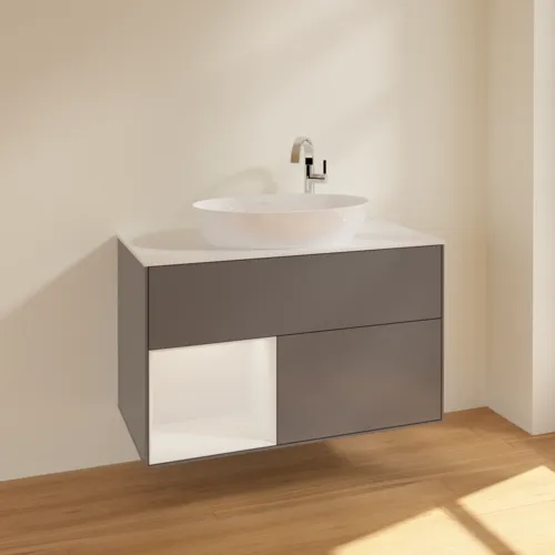 Bild von VILLEROY BOCH Finion Waschbeckenunterschrank, mit Beleuchtung, 2 Auszüge, 1000 x 603 x 501 mm, Anthracite Matt Lacquer / Glossy White Lacquer / Glass White Matt #F891GFGK