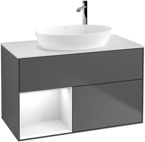 Picture of VILLEROY BOCH Finion Vanity unit, with lighting, 2 pull-out compartments, 1000 x 603 x 501 mm, Anthracite Matt Lacquer / Glossy White Lacquer / Glass White Matt #F891GFGK