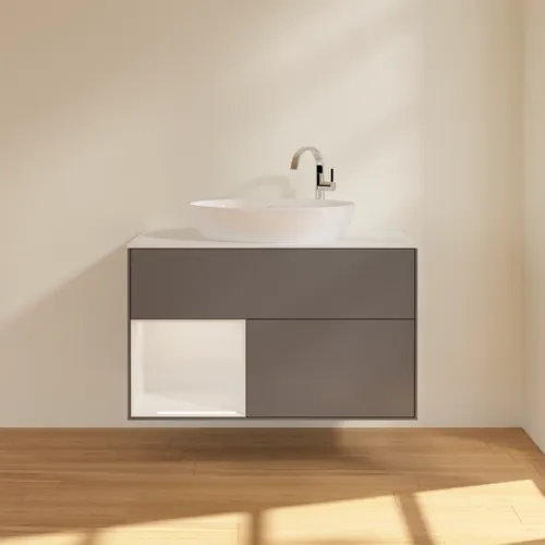 Bild von VILLEROY BOCH Finion Waschbeckenunterschrank, mit Beleuchtung, 2 Auszüge, 1000 x 603 x 501 mm, Anthracite Matt Lacquer / Glossy White Lacquer / Glass White Matt #F891GFGK
