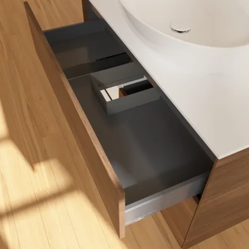 VILLEROY BOCH Finion Waschbeckenunterschrank, mit Beleuchtung, 2 Auszüge, 1000 x 603 x 501 mm, Walnut Veneer / Glossy White Lacquer / Glass White Matt #F891GFGN, Bild 8