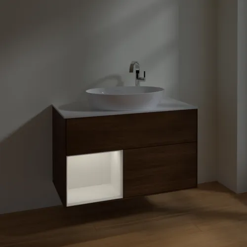 VILLEROY BOCH Finion Waschbeckenunterschrank, mit Beleuchtung, 2 Auszüge, 1000 x 603 x 501 mm, Walnut Veneer / Glossy White Lacquer / Glass White Matt #F891GFGN, Bild 5