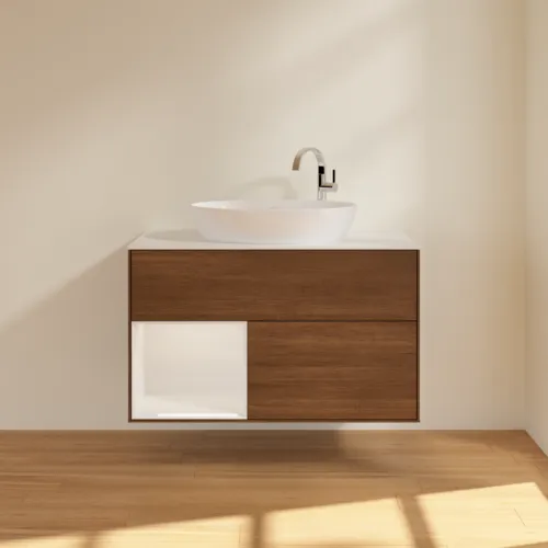 VILLEROY BOCH Finion Waschbeckenunterschrank, mit Beleuchtung, 2 Auszüge, 1000 x 603 x 501 mm, Walnut Veneer / Glossy White Lacquer / Glass White Matt #F891GFGN, Bild 3