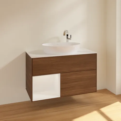 VILLEROY BOCH Finion Waschbeckenunterschrank, mit Beleuchtung, 2 Auszüge, 1000 x 603 x 501 mm, Walnut Veneer / Glossy White Lacquer / Glass White Matt #F891GFGN, Bild 2