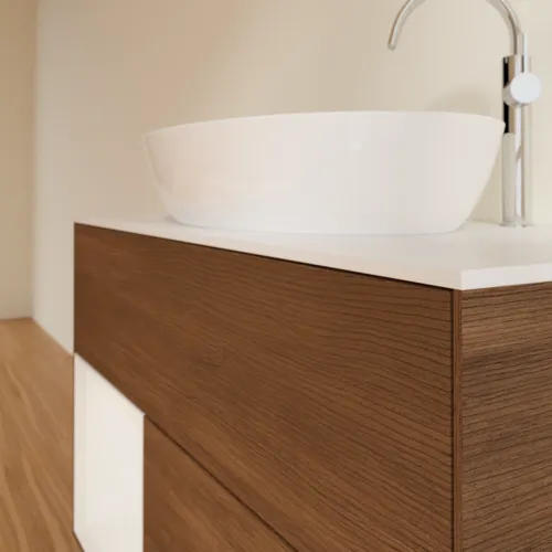 VILLEROY BOCH Finion Waschbeckenunterschrank, mit Beleuchtung, 2 Auszüge, 1000 x 603 x 501 mm, Walnut Veneer / Glossy White Lacquer / Glass White Matt #F891GFGN, Bild 6