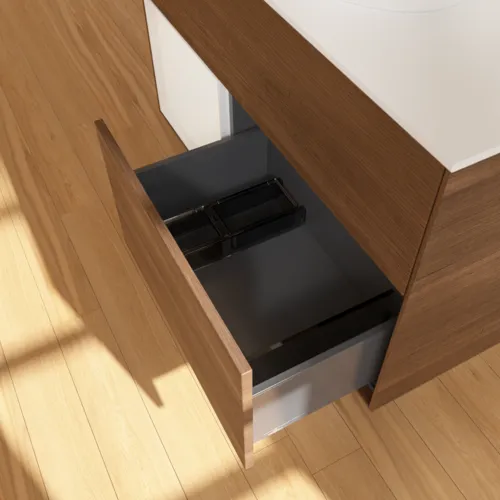 VILLEROY BOCH Finion Waschbeckenunterschrank, mit Beleuchtung, 2 Auszüge, 1000 x 603 x 501 mm, Walnut Veneer / Glossy White Lacquer / Glass White Matt #F891GFGN, Bild 7