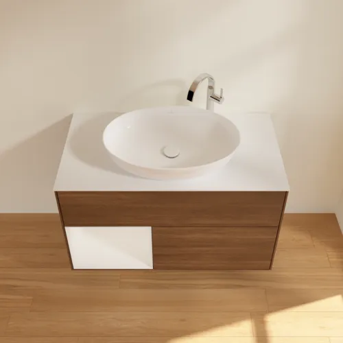 VILLEROY BOCH Finion Waschbeckenunterschrank, mit Beleuchtung, 2 Auszüge, 1000 x 603 x 501 mm, Walnut Veneer / Glossy White Lacquer / Glass White Matt #F891GFGN, Bild 4