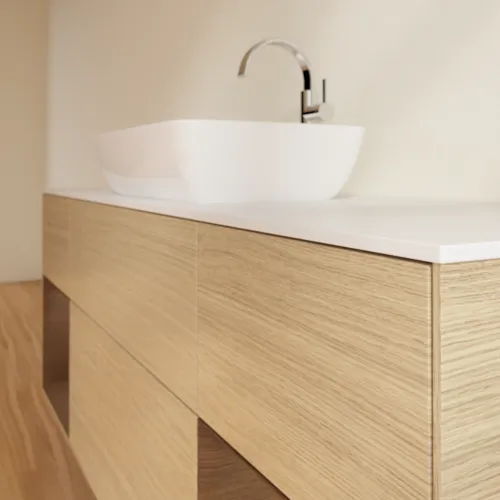VILLEROY BOCH Finion Waschbeckenunterschrank, mit Beleuchtung, 4 Auszüge, 1600 x 603 x 501 mm, Oak Veneer / Walnut Veneer / Glass White Matt #F861GNPC, Bild 6