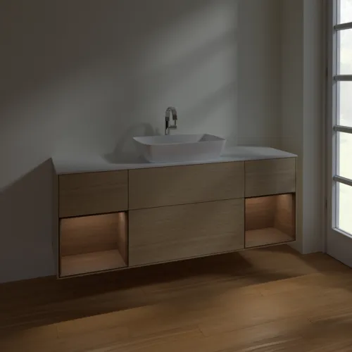VILLEROY BOCH Finion Waschbeckenunterschrank, mit Beleuchtung, 4 Auszüge, 1600 x 603 x 501 mm, Oak Veneer / Walnut Veneer / Glass White Matt #F861GNPC, Bild 5