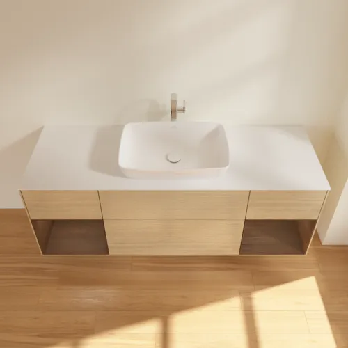 VILLEROY BOCH Finion Waschbeckenunterschrank, mit Beleuchtung, 4 Auszüge, 1600 x 603 x 501 mm, Oak Veneer / Walnut Veneer / Glass White Matt #F861GNPC, Bild 4