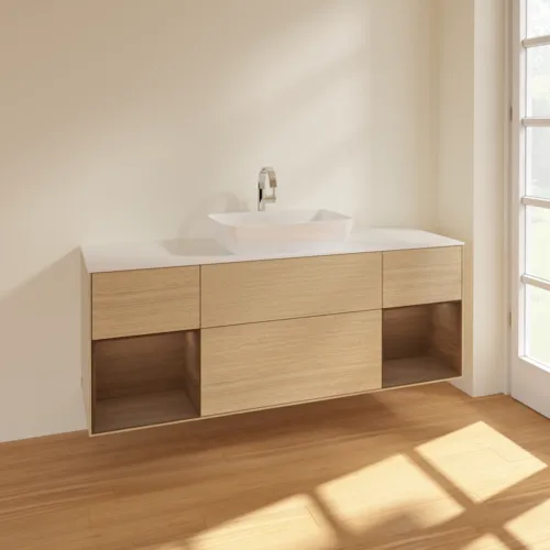 VILLEROY BOCH Finion Waschbeckenunterschrank, mit Beleuchtung, 4 Auszüge, 1600 x 603 x 501 mm, Oak Veneer / Walnut Veneer / Glass White Matt #F861GNPC, Bild 2