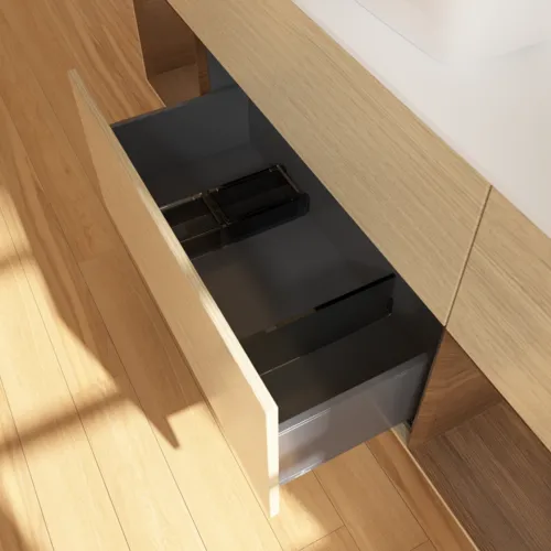VILLEROY BOCH Finion Waschbeckenunterschrank, mit Beleuchtung, 4 Auszüge, 1600 x 603 x 501 mm, Oak Veneer / Walnut Veneer / Glass White Matt #F861GNPC, Bild 7