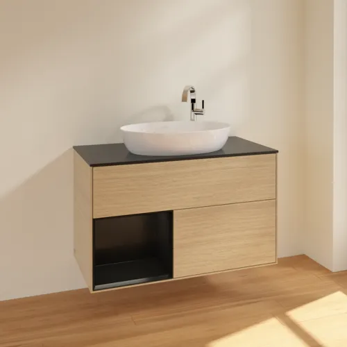 Bild von VILLEROY BOCH Finion Waschbeckenunterschrank, mit Beleuchtung, 2 Auszüge, 1000 x 603 x 501 mm, Oak Veneer / Black Matt Lacquer / Glass Black Matt #F892PDPC