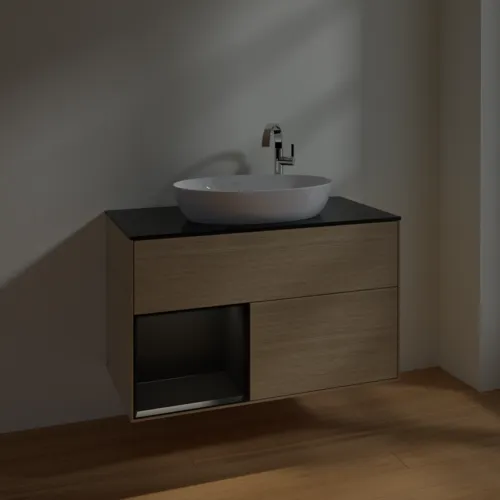 Bild von VILLEROY BOCH Finion Waschbeckenunterschrank, mit Beleuchtung, 2 Auszüge, 1000 x 603 x 501 mm, Oak Veneer / Black Matt Lacquer / Glass Black Matt #F892PDPC