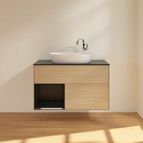 Bild von VILLEROY BOCH Finion Waschbeckenunterschrank, mit Beleuchtung, 2 Auszüge, 1000 x 603 x 501 mm, Oak Veneer / Black Matt Lacquer / Glass Black Matt #F892PDPC