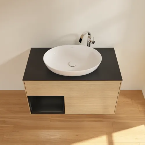Bild von VILLEROY BOCH Finion Waschbeckenunterschrank, mit Beleuchtung, 2 Auszüge, 1000 x 603 x 501 mm, Oak Veneer / Black Matt Lacquer / Glass Black Matt #F892PDPC
