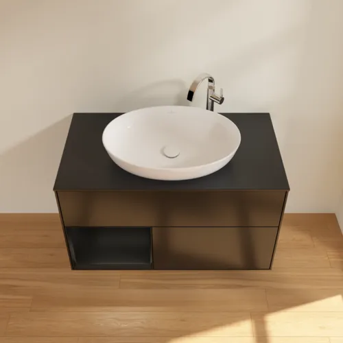 Obrázek VILLEROY BOCH Umyvadlová skříňka Finion, s osvětlením, 2 výsuvy, 1000 x 603 x 501 mm, černý matný lak / černý matný lak / černé matné sklo #F892PDPD