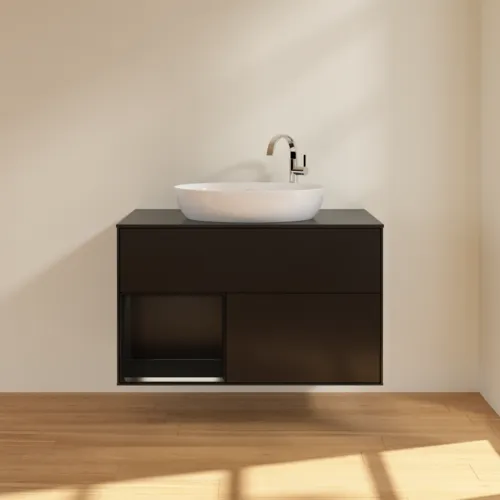 Obrázek VILLEROY BOCH Umyvadlová skříňka Finion, s osvětlením, 2 výsuvy, 1000 x 603 x 501 mm, černý matný lak / černý matný lak / černé matné sklo #F892PDPD