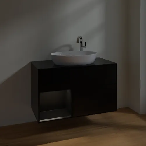 Obrázek VILLEROY BOCH Umyvadlová skříňka Finion, s osvětlením, 2 výsuvy, 1000 x 603 x 501 mm, černý matný lak / černý matný lak / černé matné sklo #F892PDPD