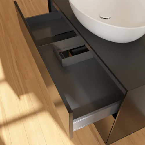 Obrázek VILLEROY BOCH Umyvadlová skříňka Finion, s osvětlením, 2 výsuvy, 1000 x 603 x 501 mm, černý matný lak / černý matný lak / černé matné sklo #F892PDPD