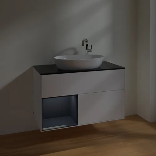 VILLEROY BOCH Finion Waschbeckenunterschrank, mit Beleuchtung, 2 Auszüge, 1000 x 603 x 501 mm, White Matt Lacquer / Midnight Blue Matt Lacquer / Glass Black Matt #F892HGMT, Bild 5