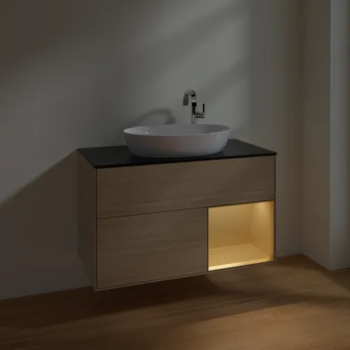 Bild von VILLEROY BOCH Finion Waschbeckenunterschrank, mit Beleuchtung, 2 Auszüge, 1000 x 603 x 501 mm, Oak Veneer / Gold Matt Lacquer / Glass Black Matt #F902HFPC