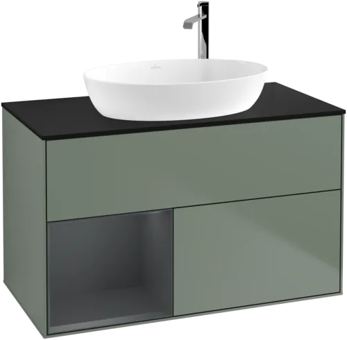 Picture of VILLEROY BOCH Finion Vanity unit, with lighting, 2 pull-out compartments, 1000 x 603 x 501 mm, Olive Matt Lacquer / Midnight Blue Matt Lacquer / Glass Black Matt #F892HGGM