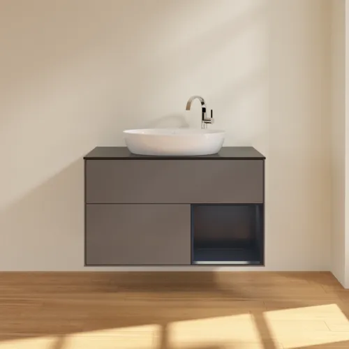 Bild von VILLEROY BOCH Finion Waschbeckenunterschrank, mit Beleuchtung, 2 Auszüge, 1000 x 603 x 501 mm, Anthracite Matt Lacquer / Midnight Blue Matt Lacquer / Glass Black Matt #F902HGGK