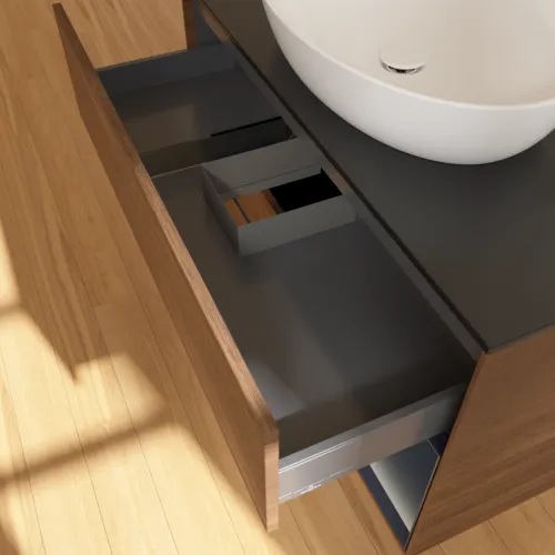 Bild von VILLEROY BOCH Finion Waschbeckenunterschrank, mit Beleuchtung, 2 Auszüge, 1000 x 603 x 501 mm, Walnut Veneer / Midnight Blue Matt Lacquer / Glass Black Matt #F902HGGN