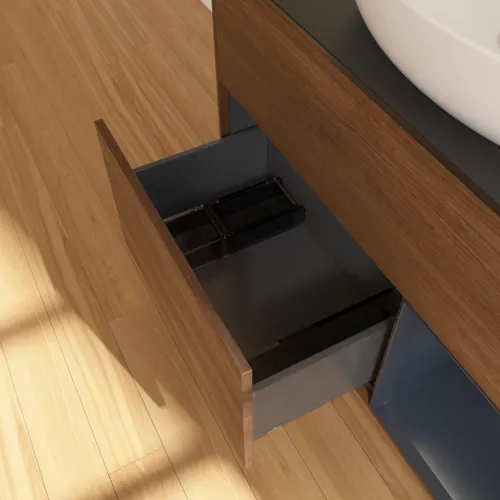 Bild von VILLEROY BOCH Finion Waschbeckenunterschrank, mit Beleuchtung, 2 Auszüge, 1000 x 603 x 501 mm, Walnut Veneer / Midnight Blue Matt Lacquer / Glass Black Matt #F902HGGN
