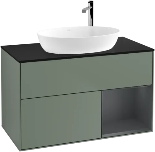 Picture of VILLEROY BOCH Finion Vanity unit, with lighting, 2 pull-out compartments, 1000 x 603 x 501 mm, Olive Matt Lacquer / Midnight Blue Matt Lacquer / Glass Black Matt #F902HGGM
