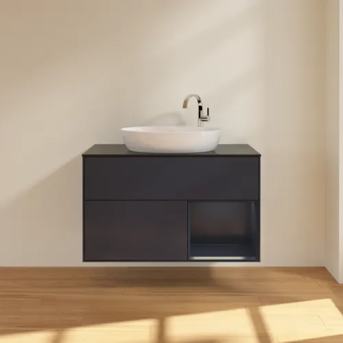 VILLEROY BOCH Finion Waschbeckenunterschrank, mit Beleuchtung, 2 Auszüge, 1000 x 603 x 501 mm, Midnight Blue Matt Lacquer / Midnight Blue Matt Lacquer / Glass Black Matt #F902HGHG, Bild 3