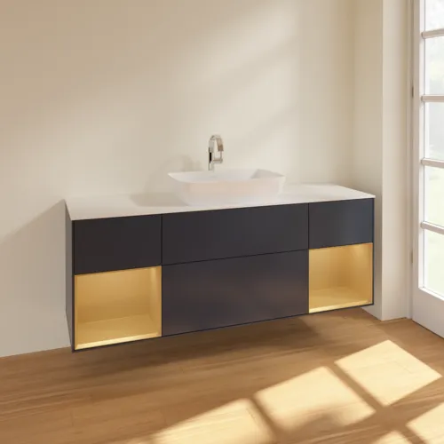 VILLEROY BOCH Finion Waschbeckenunterschrank, mit Beleuchtung, 4 Auszüge, 1600 x 603 x 501 mm, Midnight Blue Matt Lacquer / Gold Matt Lacquer / Glass White Matt #F861HFHG, Bild 2