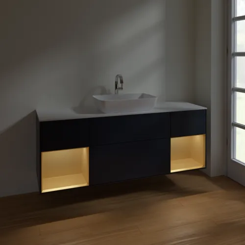 VILLEROY BOCH Finion Waschbeckenunterschrank, mit Beleuchtung, 4 Auszüge, 1600 x 603 x 501 mm, Midnight Blue Matt Lacquer / Gold Matt Lacquer / Glass White Matt #F861HFHG, Bild 5