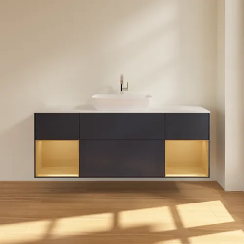 VILLEROY BOCH Finion Waschbeckenunterschrank, mit Beleuchtung, 4 Auszüge, 1600 x 603 x 501 mm, Midnight Blue Matt Lacquer / Gold Matt Lacquer / Glass White Matt #F861HFHG, Bild 3