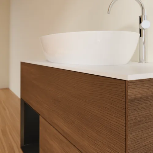 Bild von VILLEROY BOCH Finion Waschbeckenunterschrank, mit Beleuchtung, 2 Auszüge, 1000 x 603 x 501 mm, Walnut Veneer / Black Matt Lacquer / Glass White Matt #F891PDGN