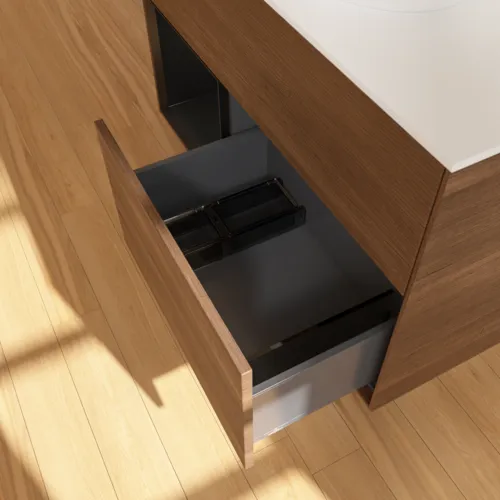 Bild von VILLEROY BOCH Finion Waschbeckenunterschrank, mit Beleuchtung, 2 Auszüge, 1000 x 603 x 501 mm, Walnut Veneer / Black Matt Lacquer / Glass White Matt #F891PDGN