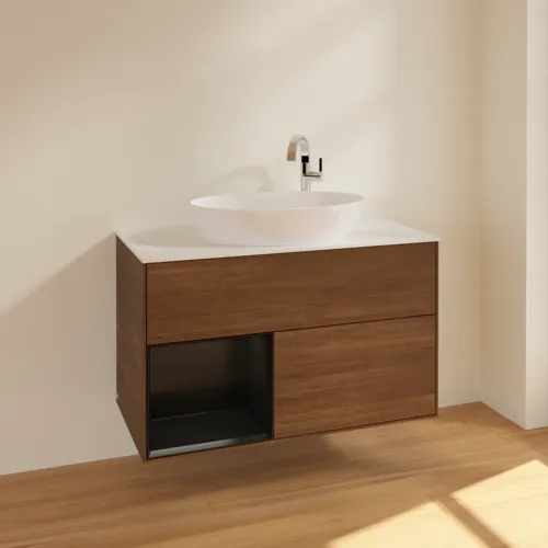 Bild von VILLEROY BOCH Finion Waschbeckenunterschrank, mit Beleuchtung, 2 Auszüge, 1000 x 603 x 501 mm, Walnut Veneer / Black Matt Lacquer / Glass White Matt #F891PDGN