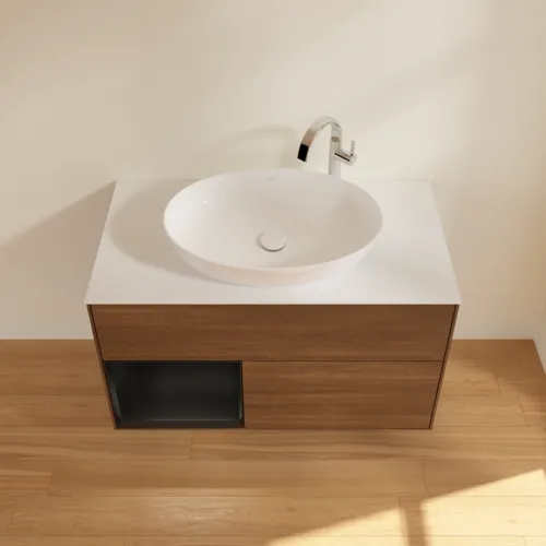 Bild von VILLEROY BOCH Finion Waschbeckenunterschrank, mit Beleuchtung, 2 Auszüge, 1000 x 603 x 501 mm, Walnut Veneer / Black Matt Lacquer / Glass White Matt #F891PDGN