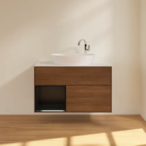 Bild von VILLEROY BOCH Finion Waschbeckenunterschrank, mit Beleuchtung, 2 Auszüge, 1000 x 603 x 501 mm, Walnut Veneer / Black Matt Lacquer / Glass White Matt #F891PDGN