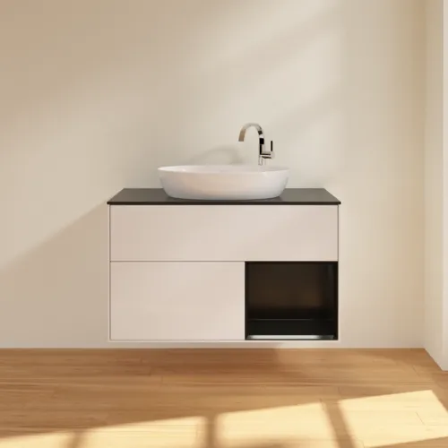 Bild von VILLEROY BOCH Finion Waschbeckenunterschrank, mit Beleuchtung, 2 Auszüge, 1000 x 603 x 501 mm, Glossy White Lacquer / Black Matt Lacquer / Glass Black Matt #F902PDGF